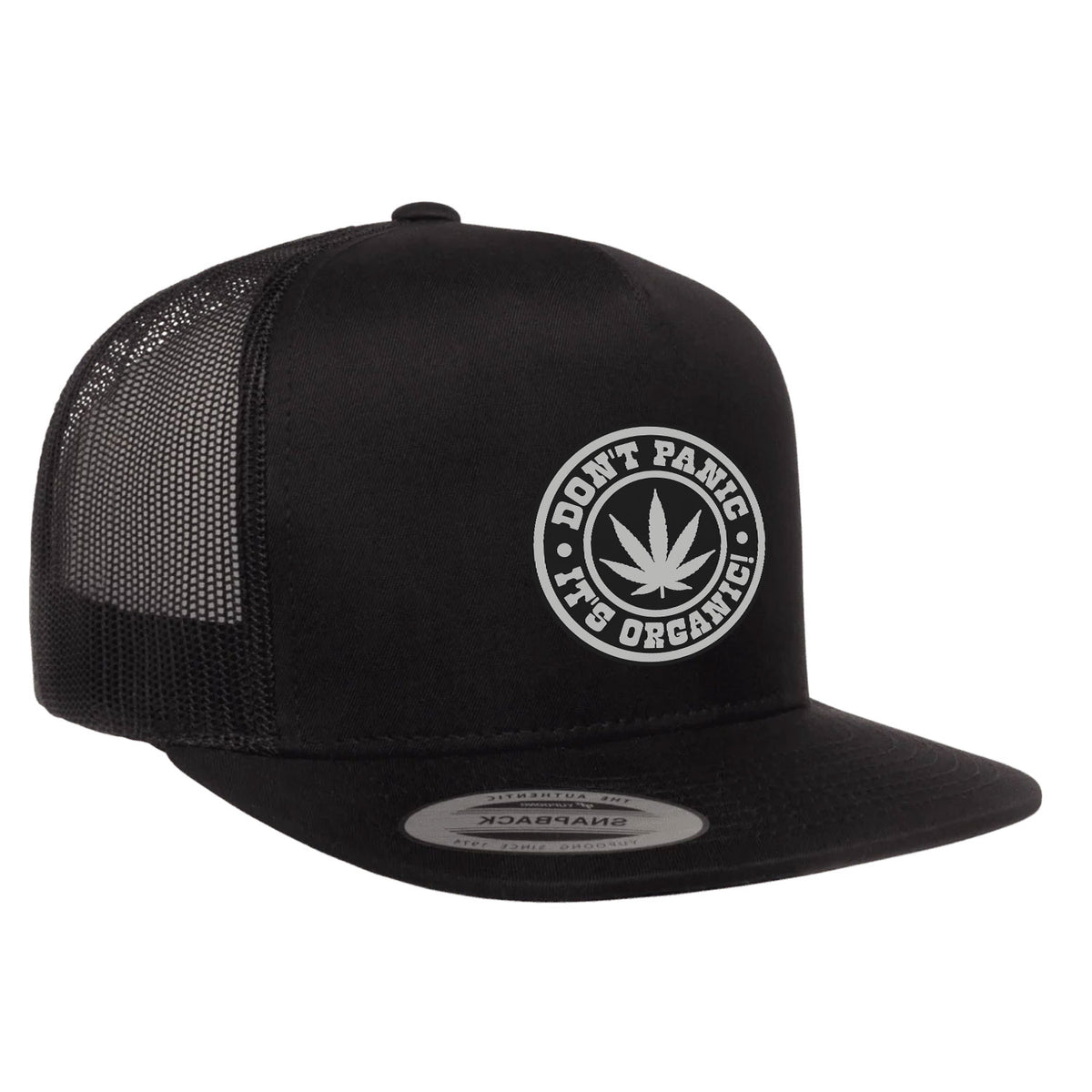 Don't Panic It's Orgnic Flat Bill Leather Patch Hat
