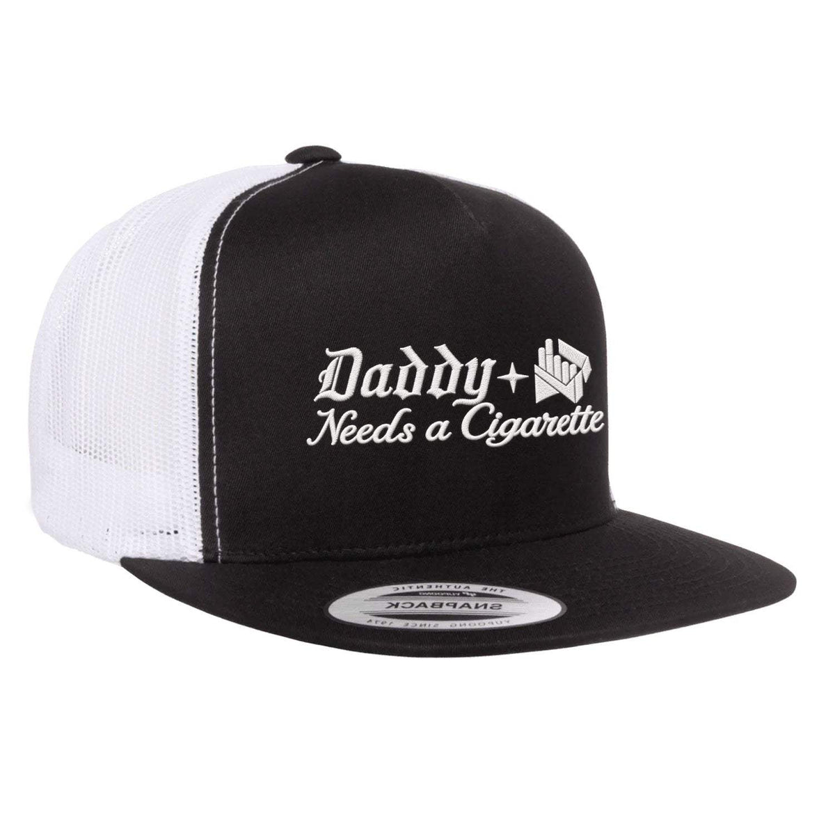 Daddy Needs A Cig Embroidered Flat Bill Hat - Black / White