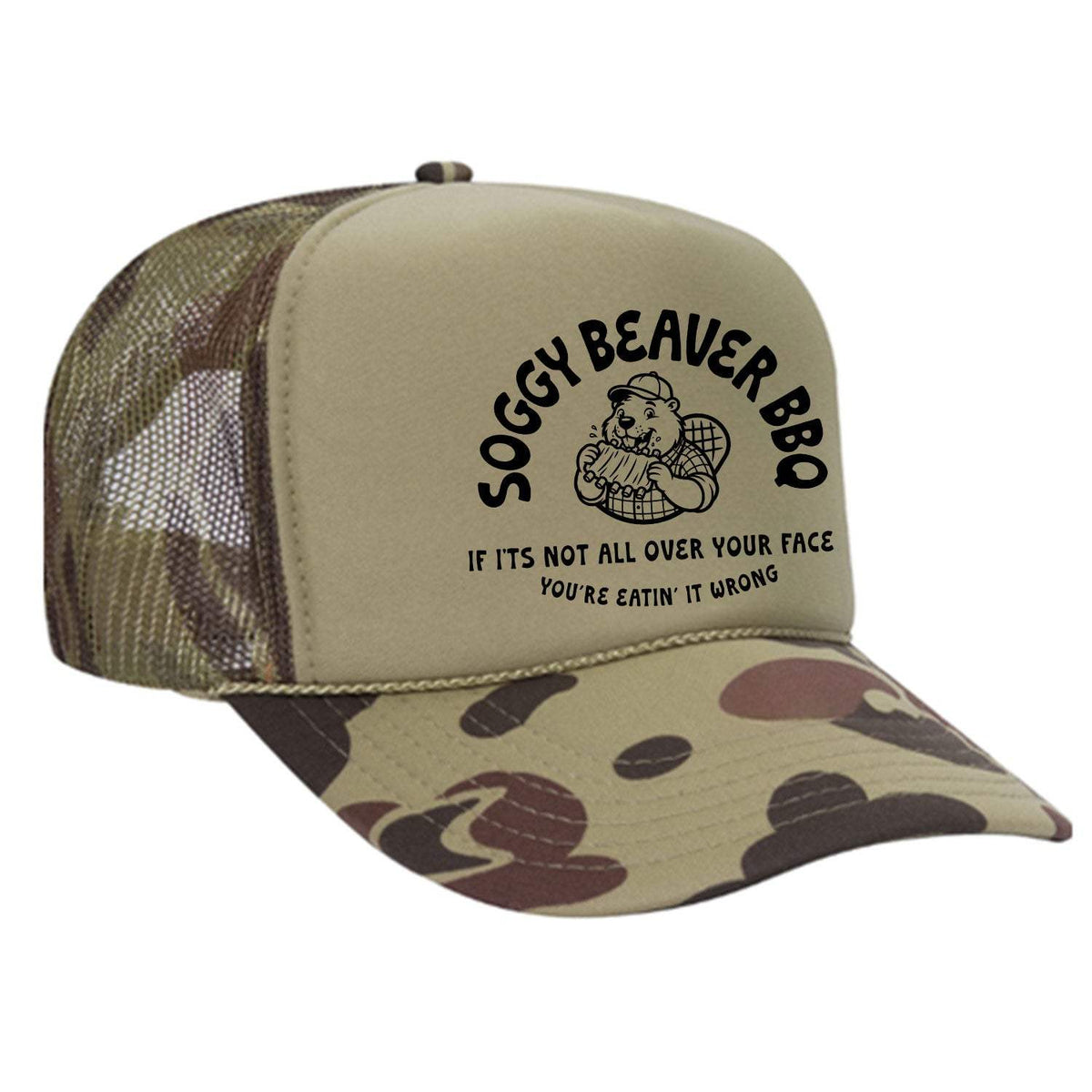Soggy Beaver BBQ Foam Trucker Hat - Camo / Light Green