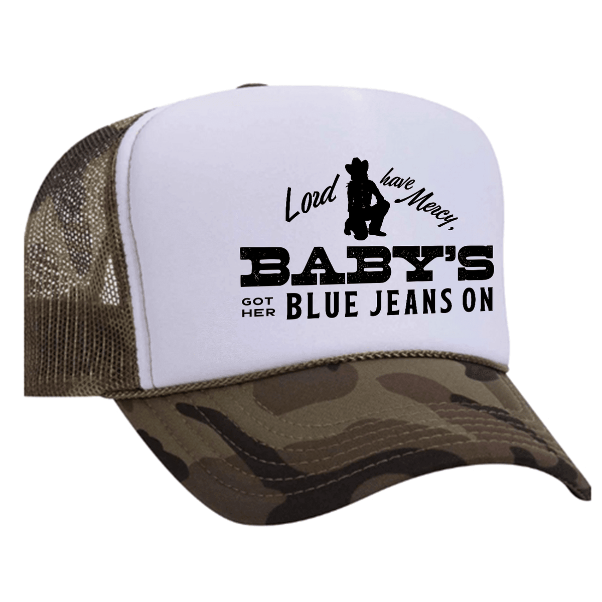 Baby's Got Her Blue Jeans On Foam Trucker Hat - Camo / White