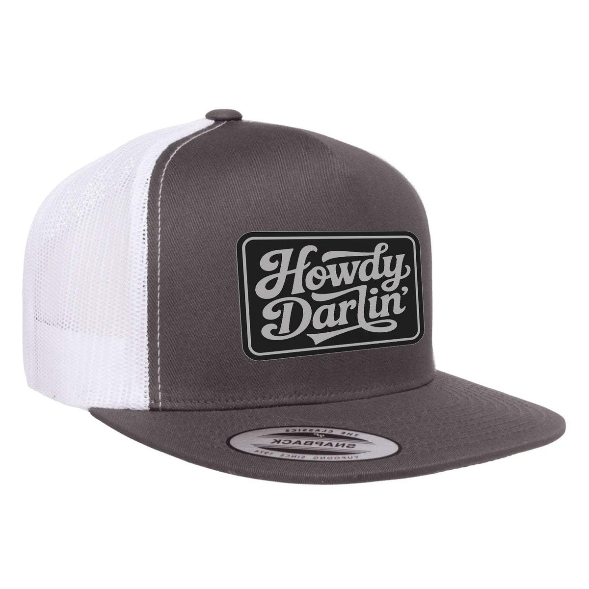 Howdy Darlin Flat Bill Leather Patch Hat - Charcoal / White