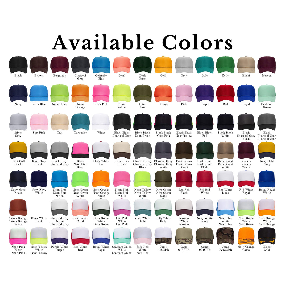 Trucker hat color chart - available colorways | Bad Ass Hat Co