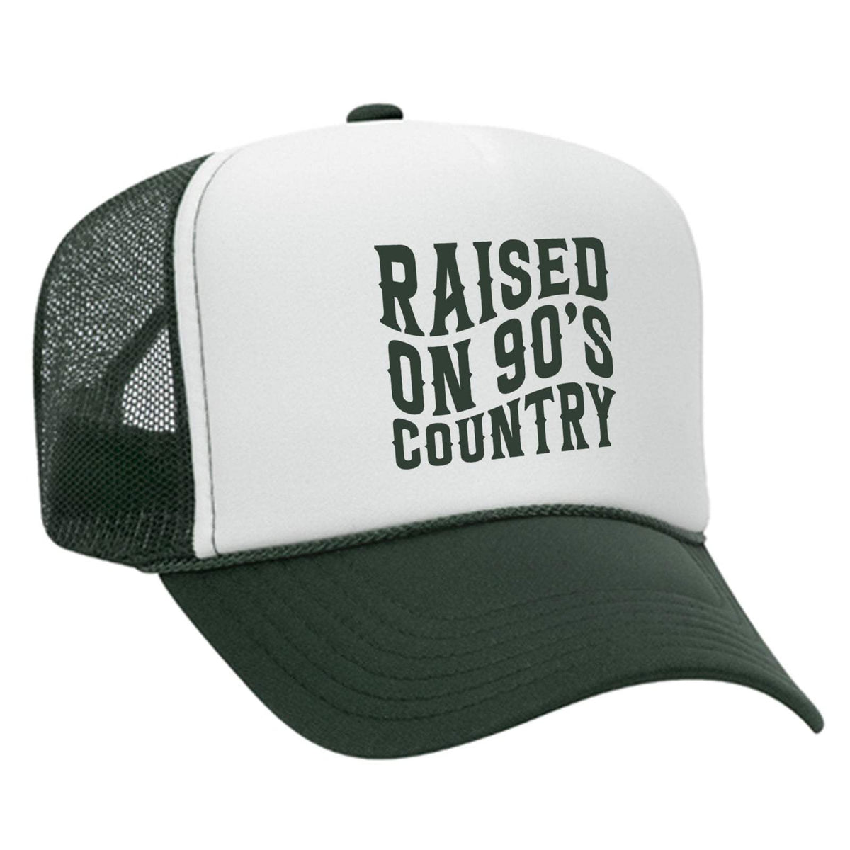 Raised On 90s Country Foam Trucker Hat - Dark Green / White