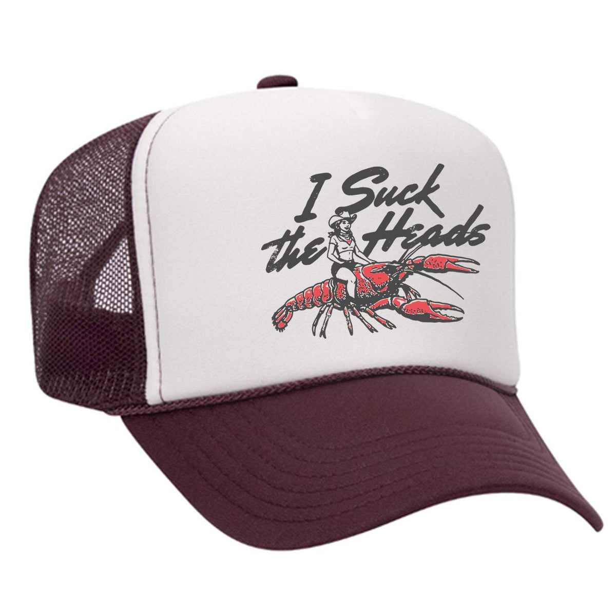 I Suck The Heads Foam Trucker Hat - Maroon / White
