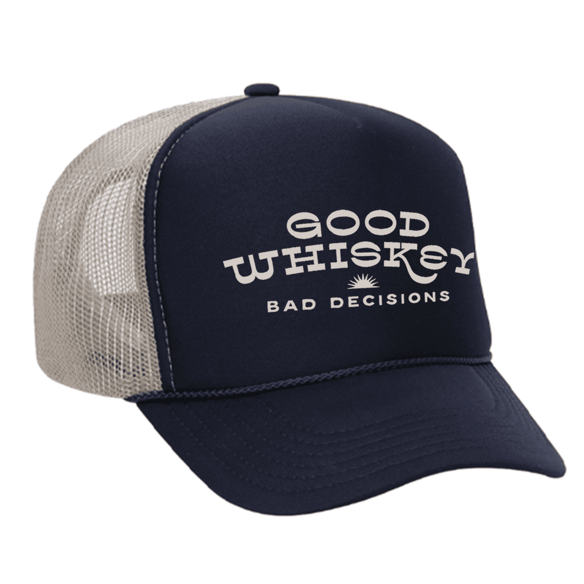 Good Whiskey Bad Decisions Foam Trucker Hat Limited Edition - Navy / Tan