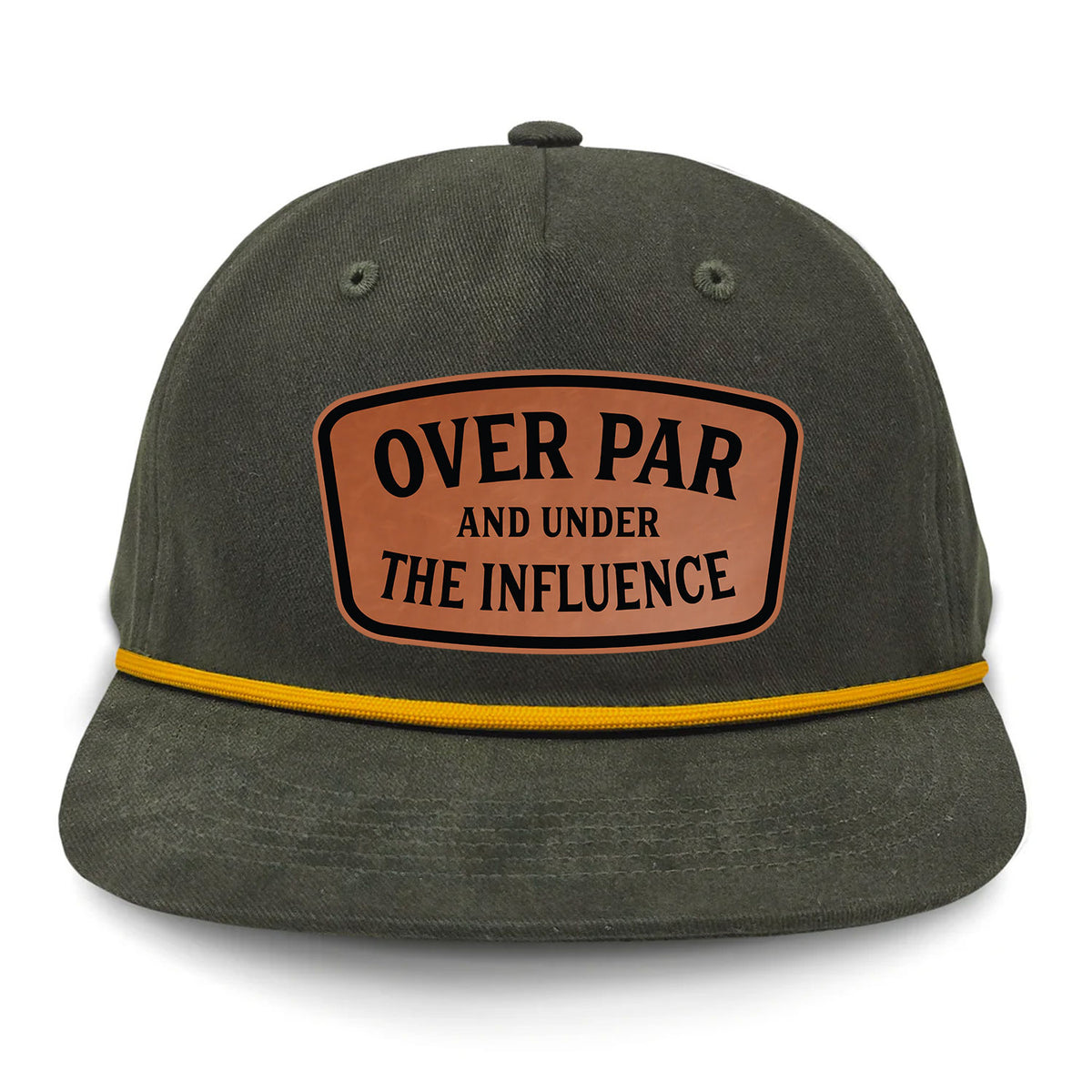 Over Par And Under The Influence Flat Bill Rope Leather Patch Hat