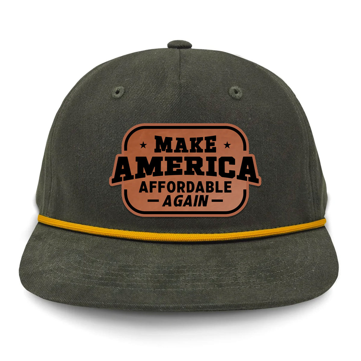 Make America Affordable Again Flat Bill Rope Leather Patch Hat - Olive