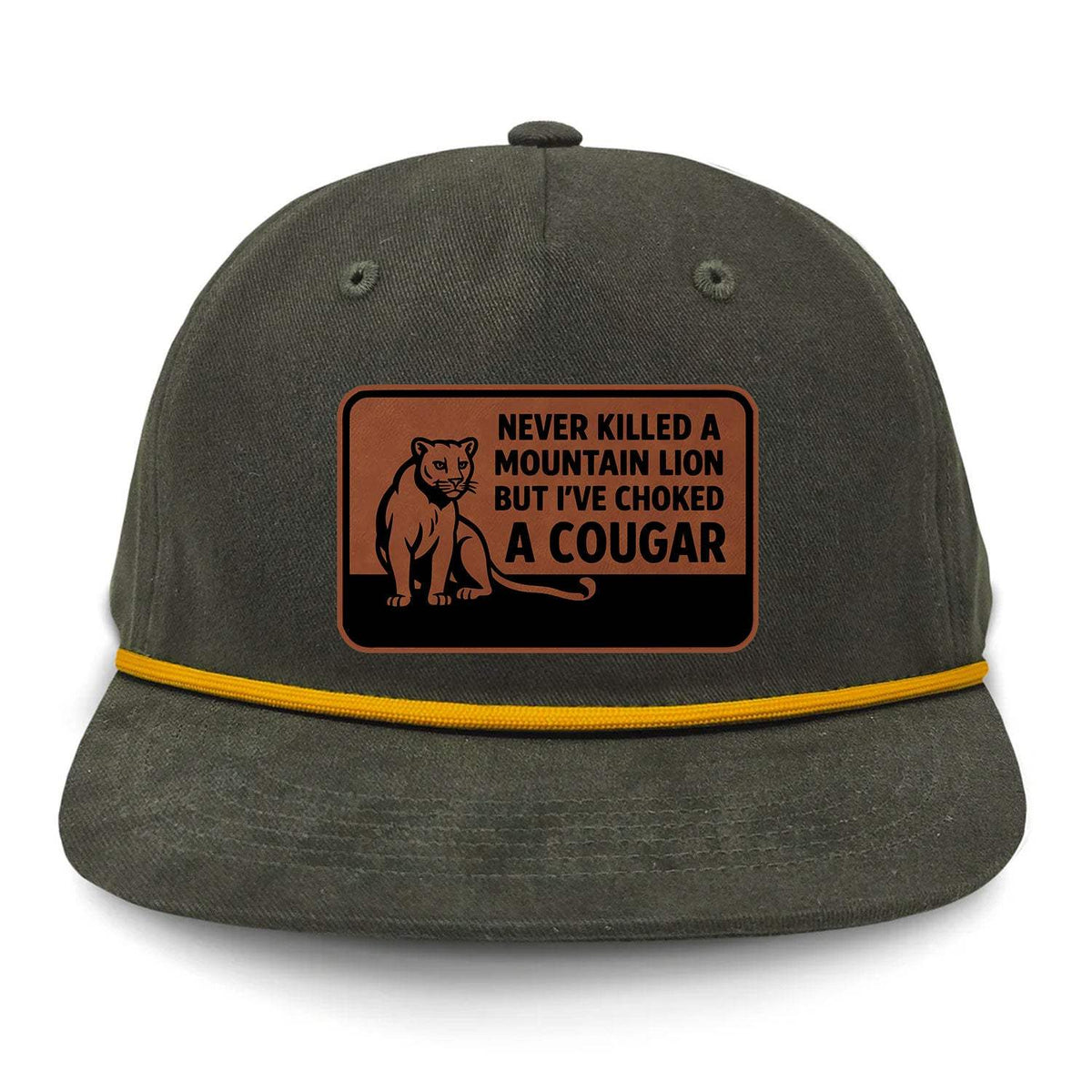 Choked A Cougar Flat Bill Rope Leather Patch Hat - Olive