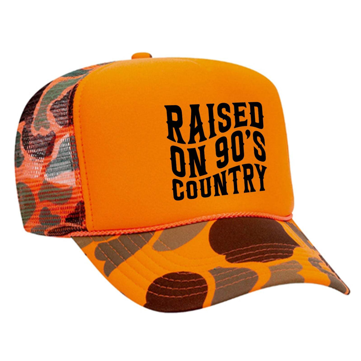 Raised On 90s Country Foam Trucker Hat - Orange / Camo