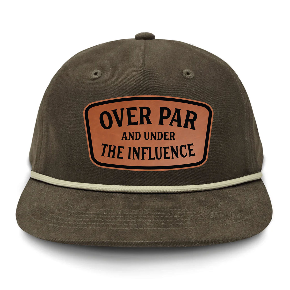 Over Par And Under The Influence Flat Bill Rope Leather Patch Hat